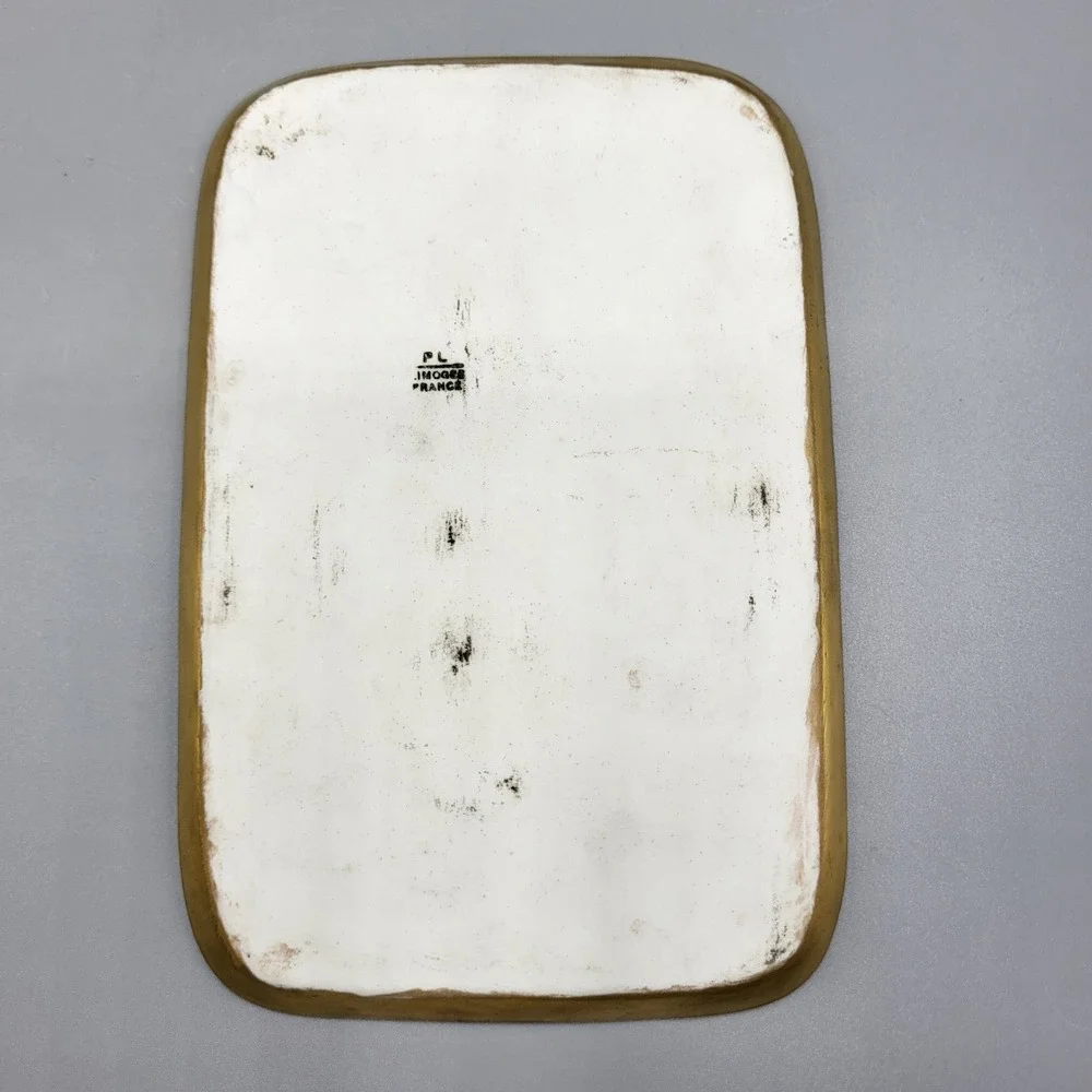 Vintage Limoges Trinket Dish Iridescent Gold Monogram Luster Tray White 6.75x4.5